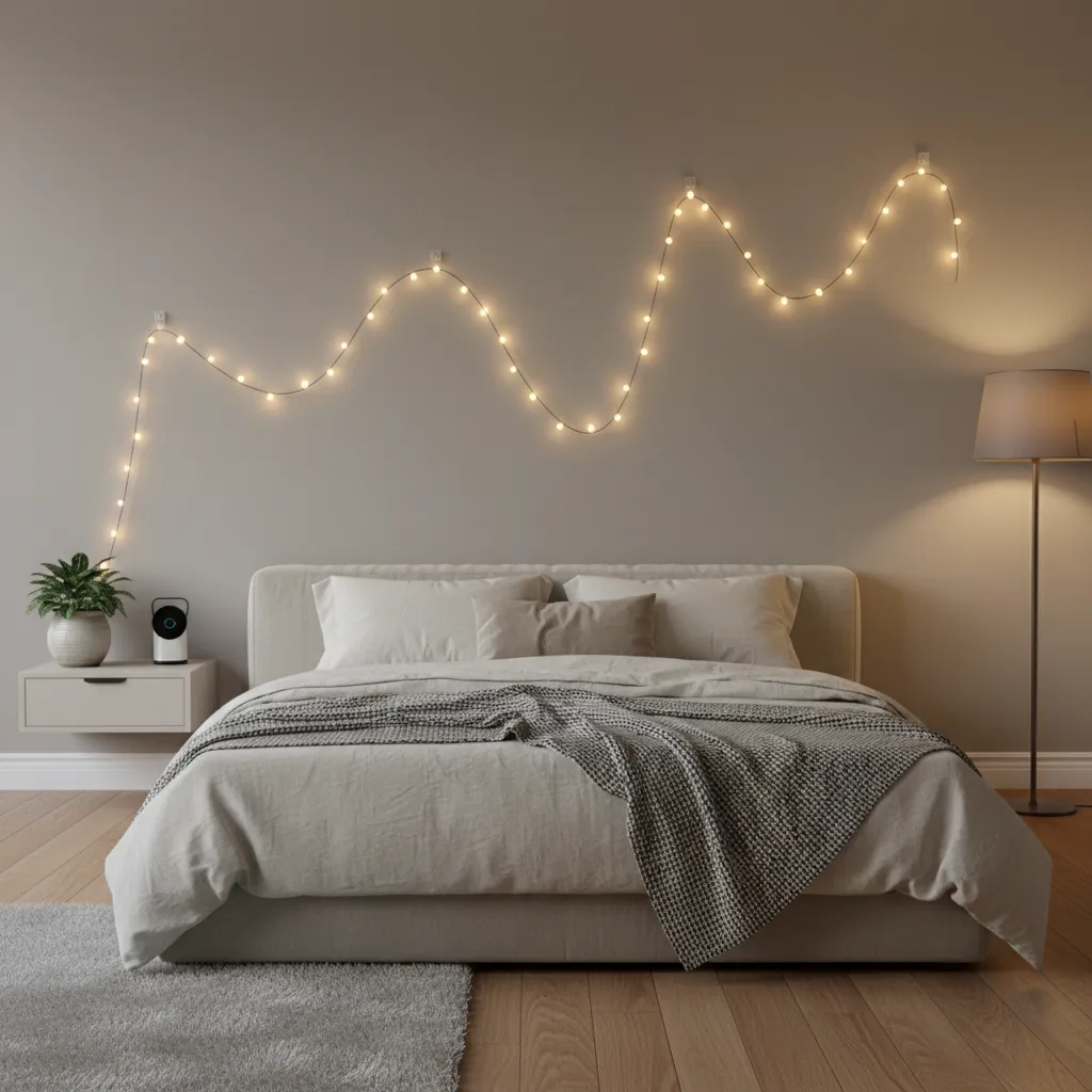 Decorative string lights arranged on a bedroom wall with clips