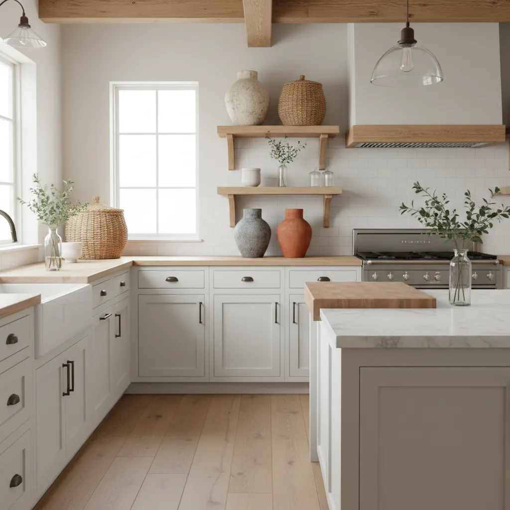 Decorative vases and baskets styled above kitchen cabinets