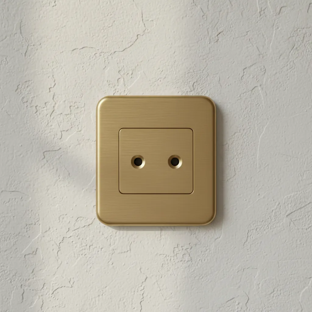 detalle de enchufe de superficie metálico en pared clara