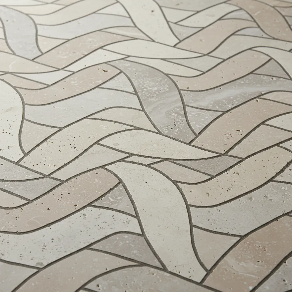 Close up of ribbon tile flooring grout lines and decorative tile pattern