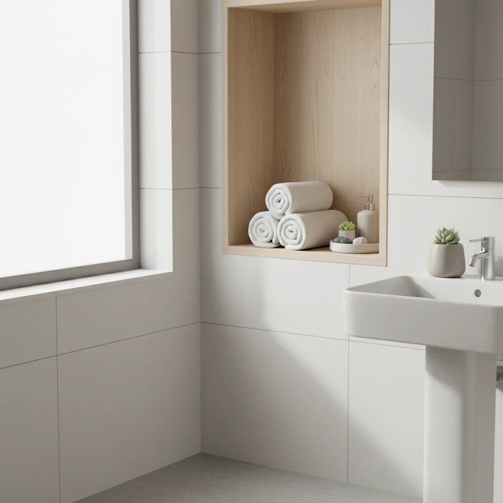 Rolled decorative towels stacked neatly in small bathroom shelf