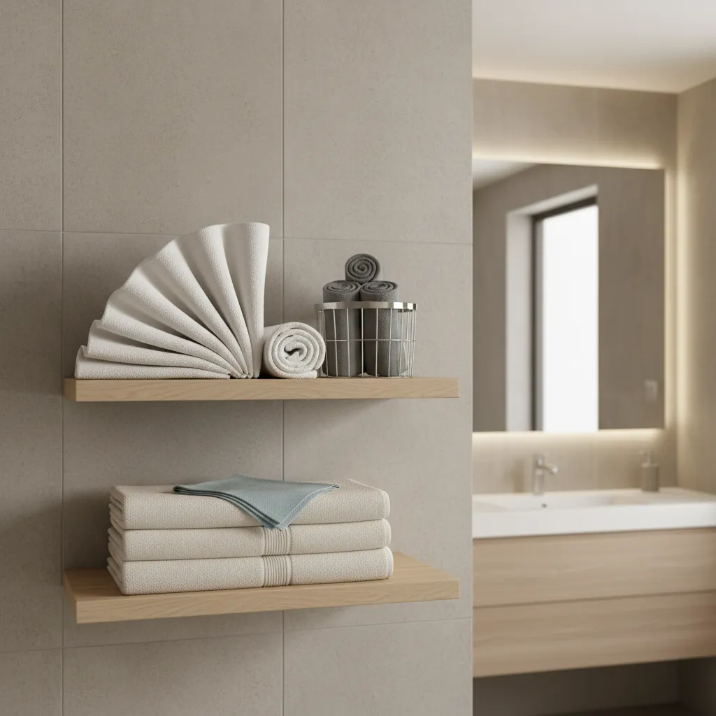 Multiple decorative towel folding styles displayed in a bathroom