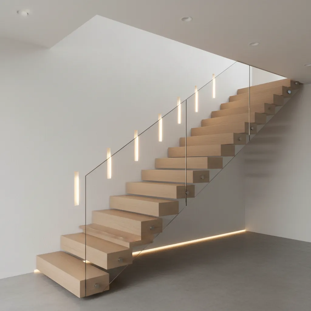 Modern wooden staircase with glass railing and vertical wall lights on a clean white wall