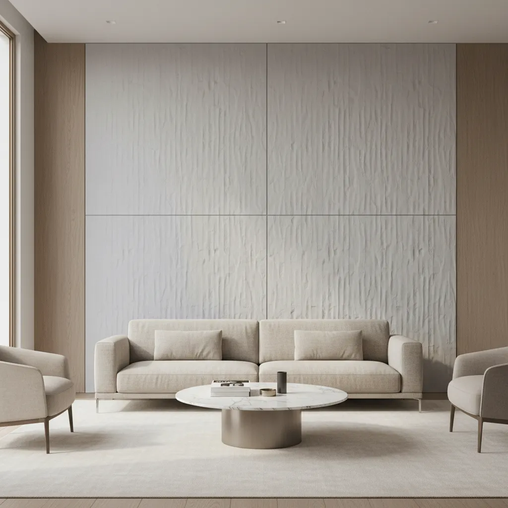 Modern living room with large decorative wall panels used as a feature wall