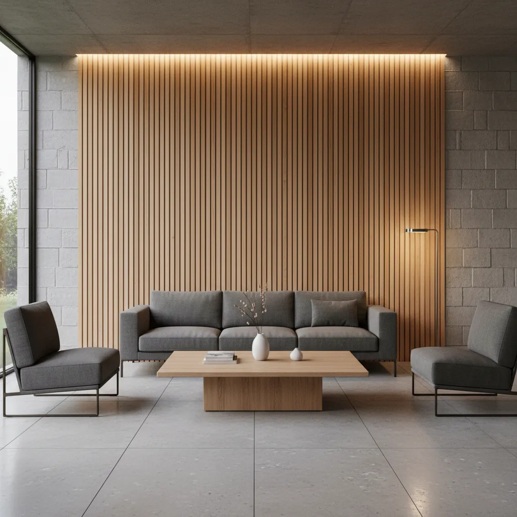 wood slat decorative panels installed on concrete block wall