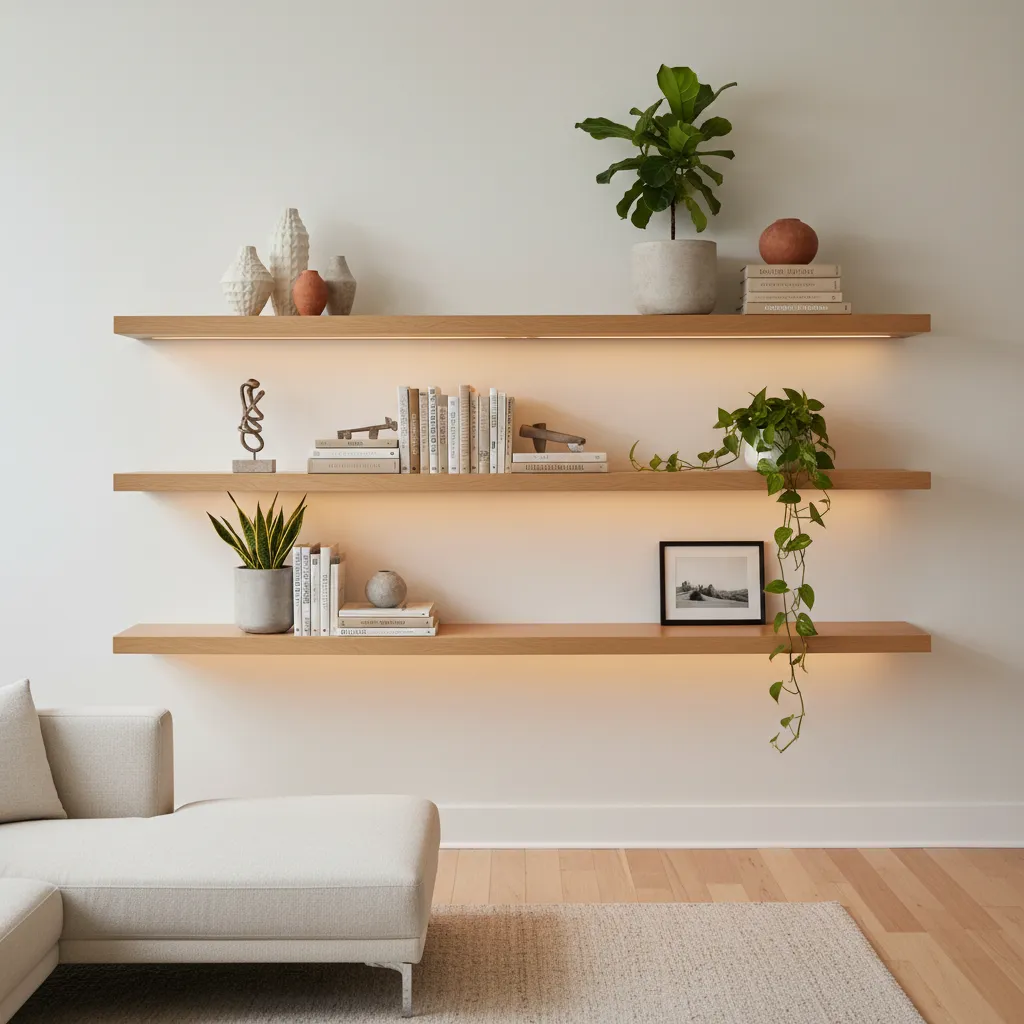 Minimalist living room featuring three floating wooden wall shelves with books plants and warm lighting