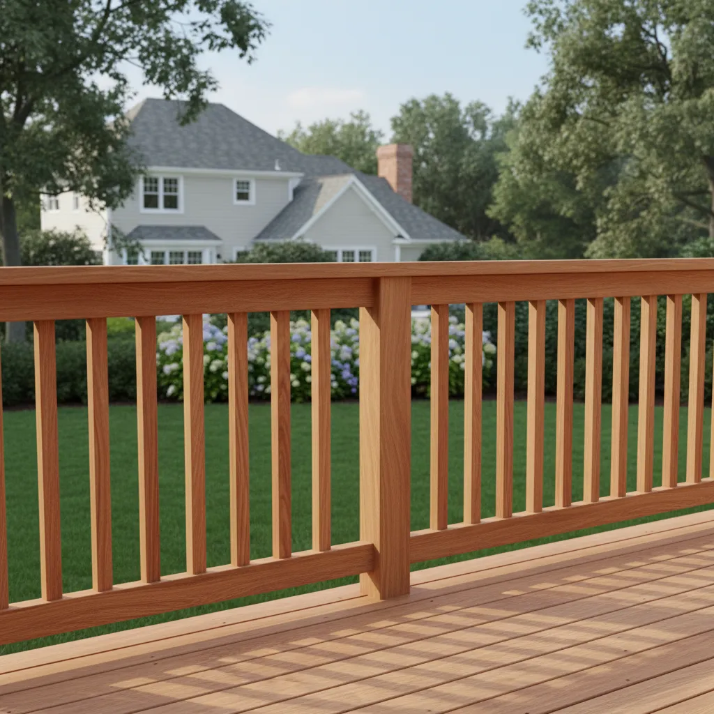Outdoor wooden decorative railing on residential deck