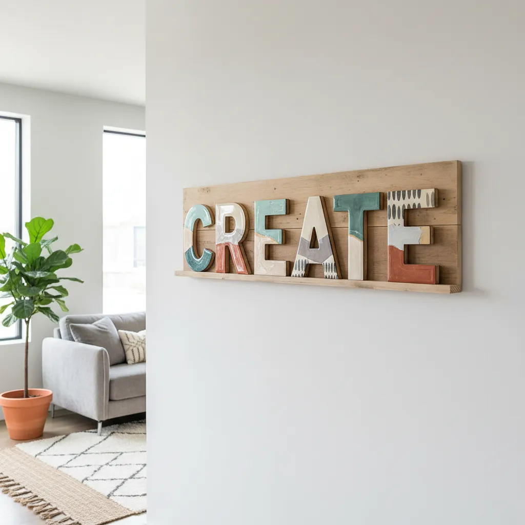 decorated wooden letters displayed on a styled wall shelf