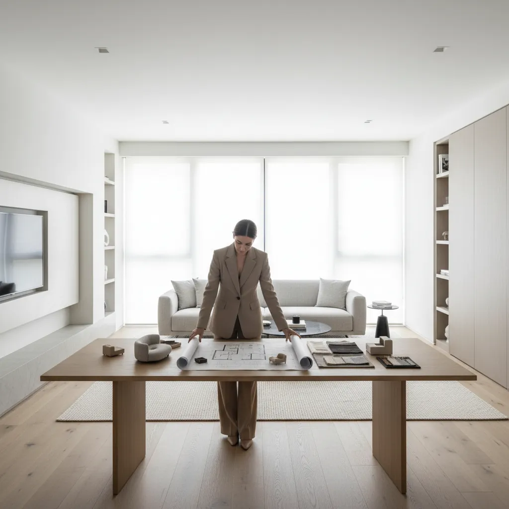 Interior decorator reviewing furniture layout plan in a modern living room