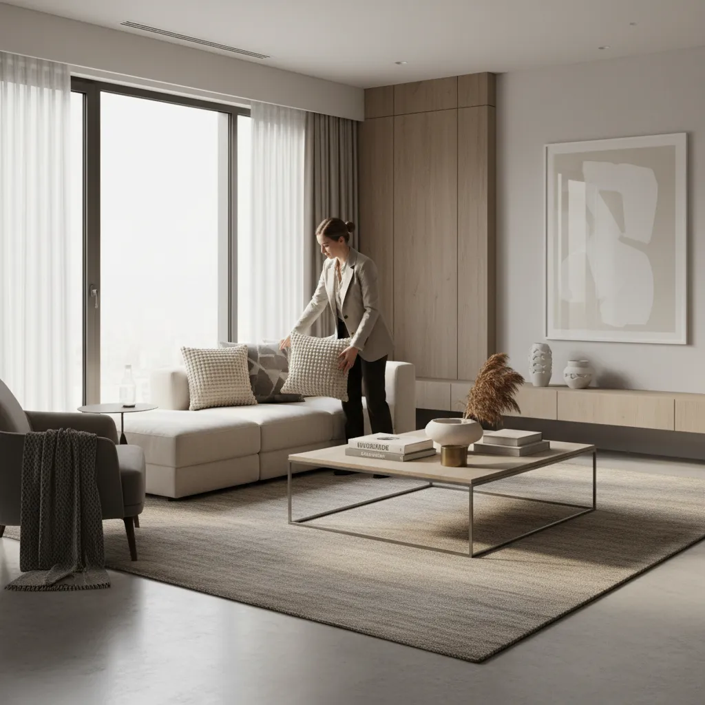 Interior decorator arranging furniture and color palette in a modern living room