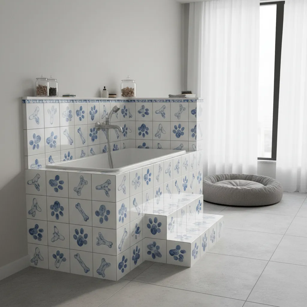 Tiled dog wash station with handheld shower and raised basin for bathing pets