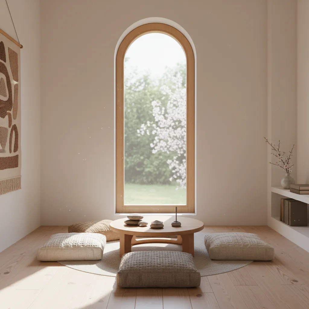 Serene dedicated prayer room with cushions, altar, and soft natural lighting