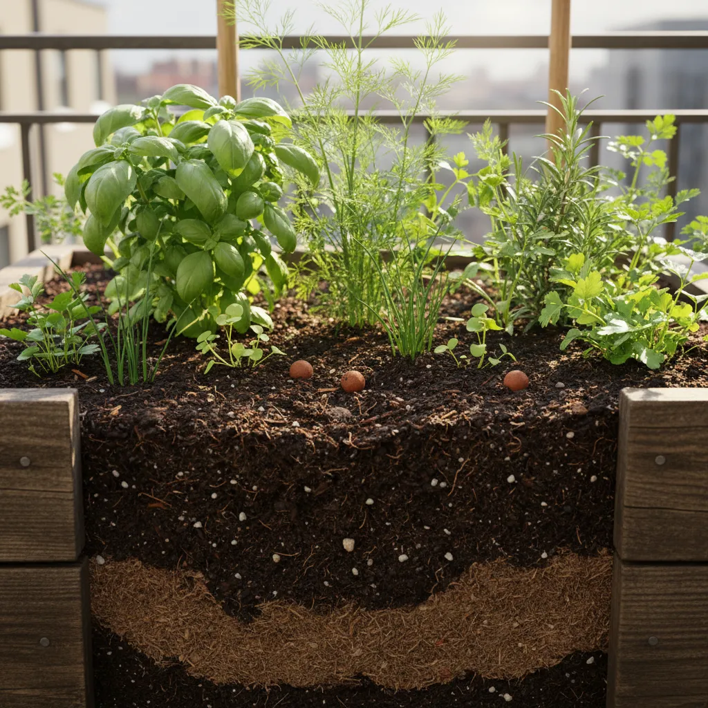 Deep balcony planter box showing healthy soil depth for plants
