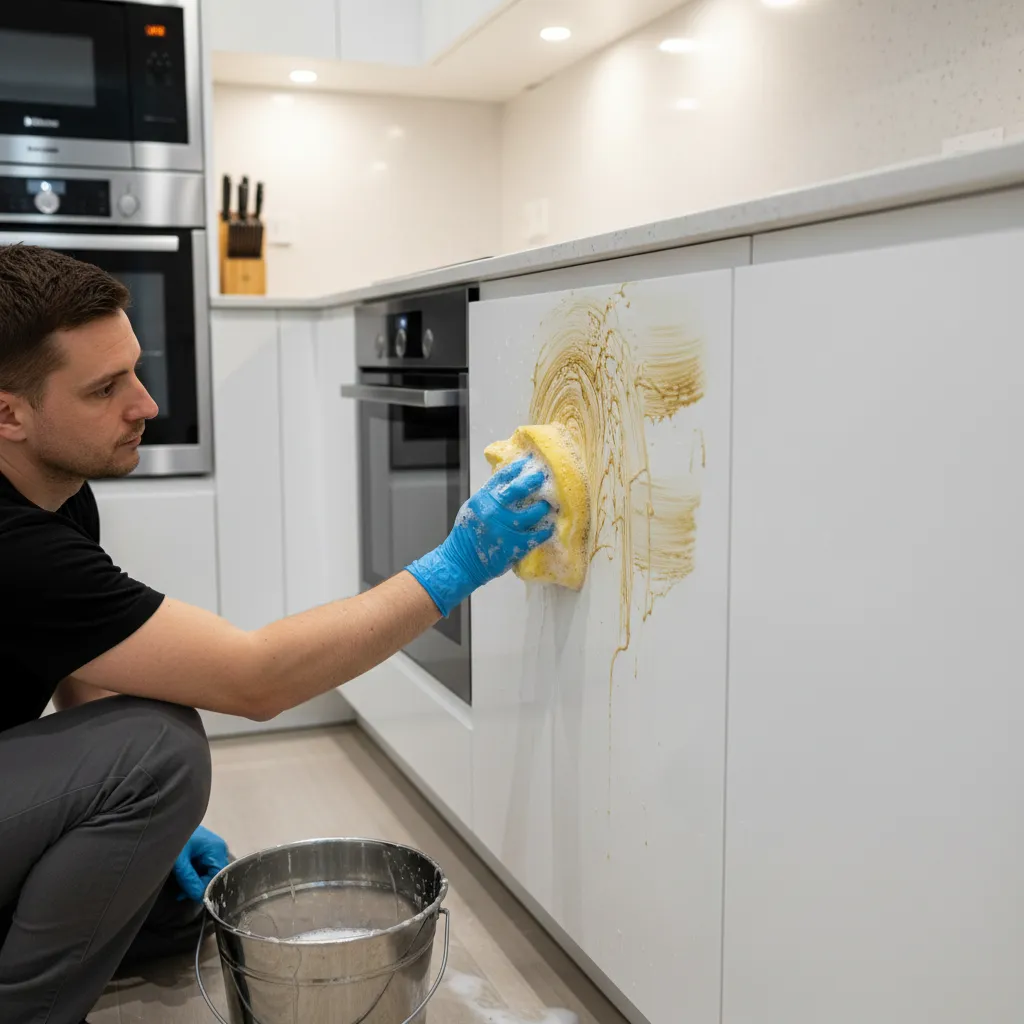 Cleaning kitchen cabinets with strong TSP solution using gloves and sponge