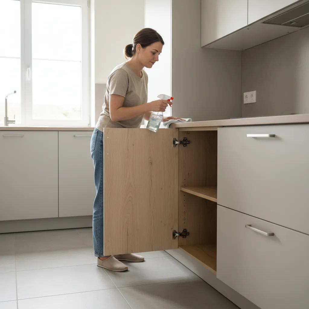 Person cleaning inside kitchen cabinets with cloth and spray removing grease