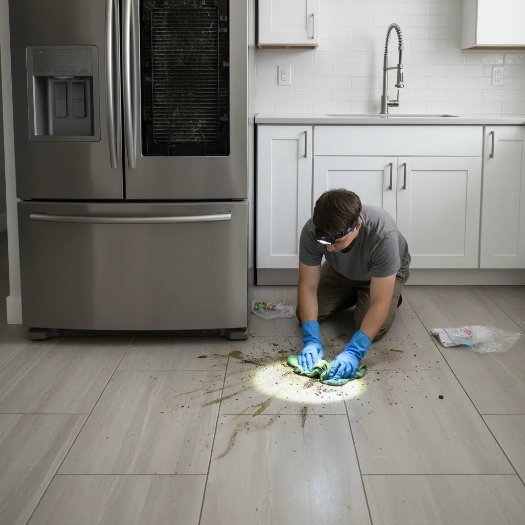 deep cleaning behind stove and refrigerator in kitchen to remove grease and crumbs