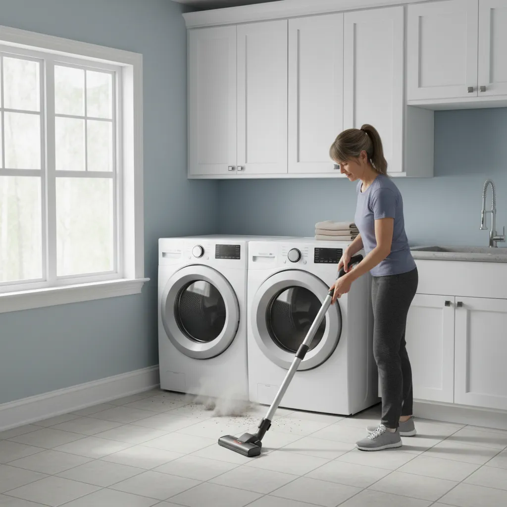 Homeowner vacuuming behind washing machine and dryer during deep cleaning to remove beetle larvae