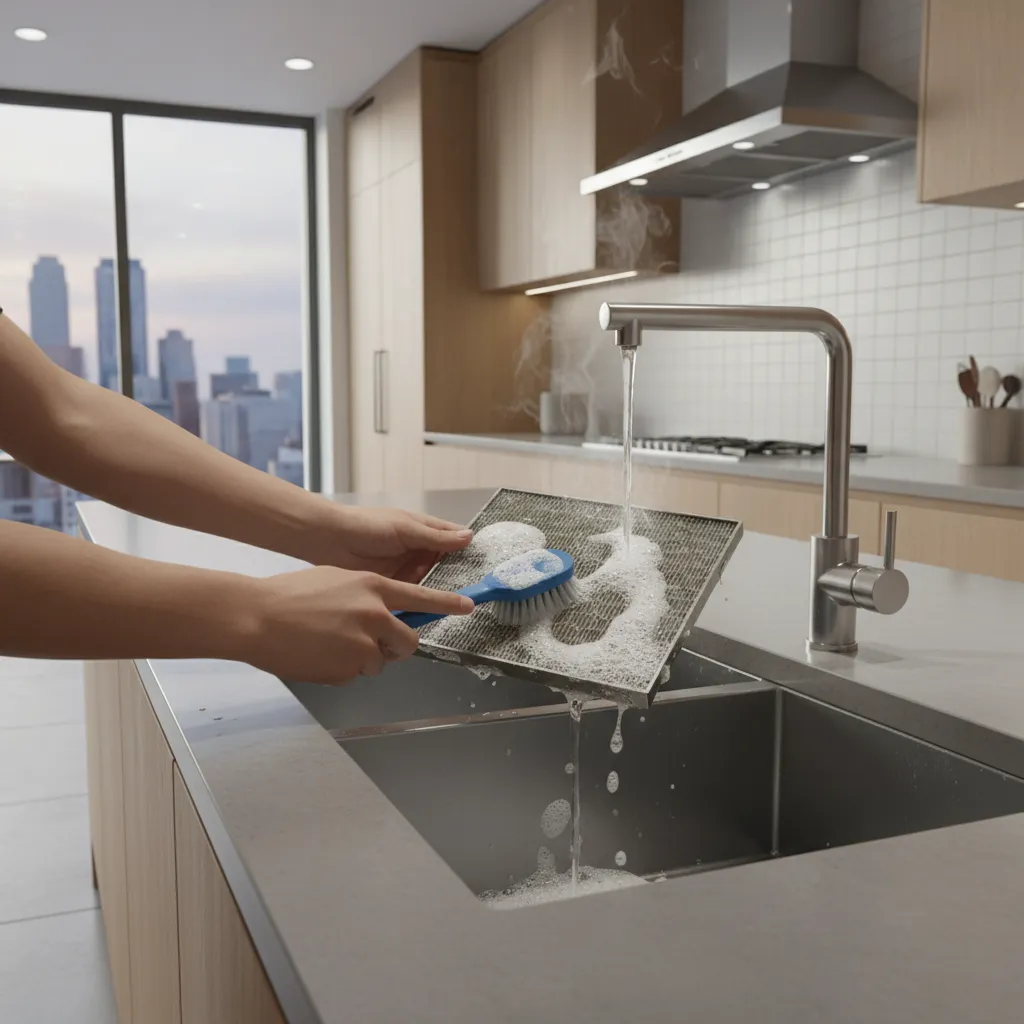 person cleaning greasy kitchen range hood filter in sink