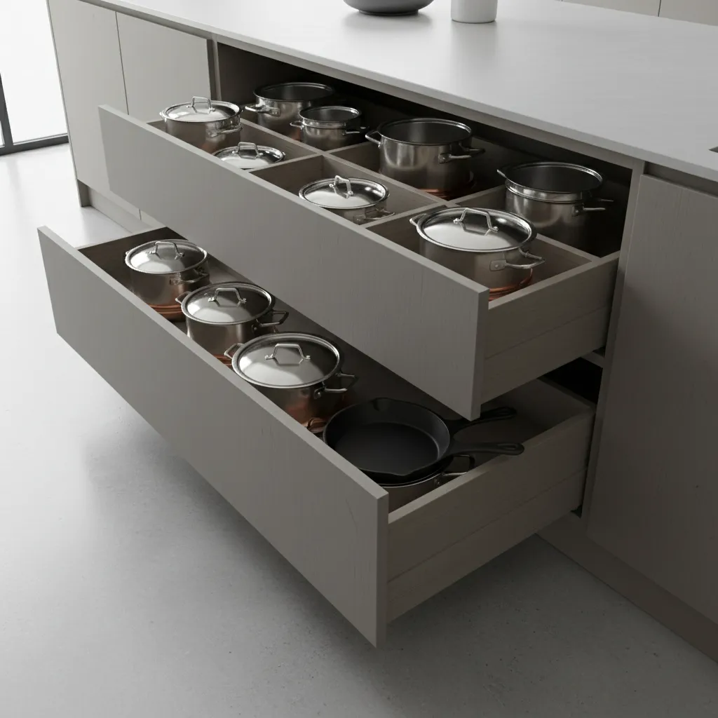 Kitchen base cabinets with deep drawers storing cookware efficiently
