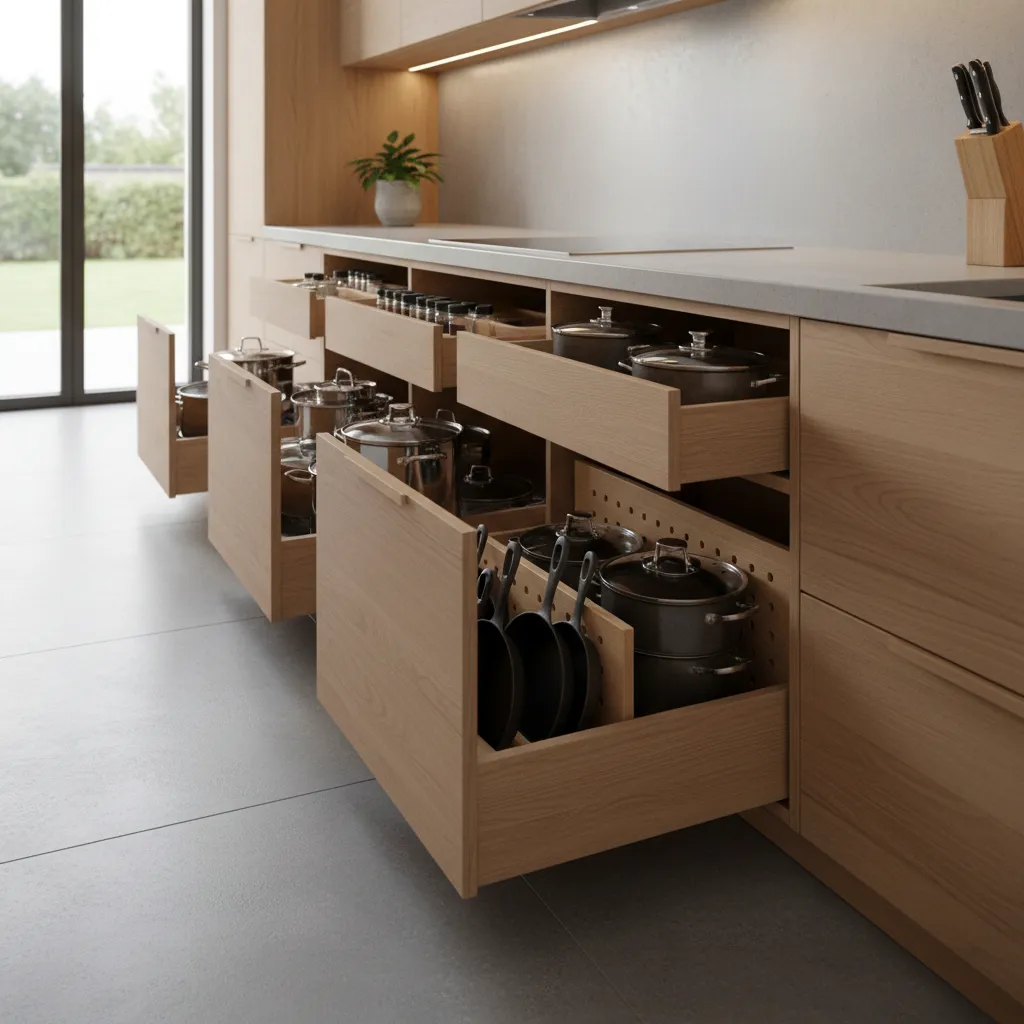 deep drawer kitchen cabinets storing pots and cookware