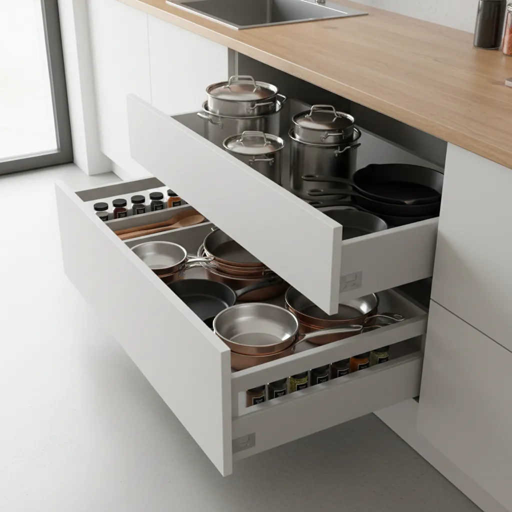 Deep kitchen drawers organizing pots and cookware in a small kitchen
