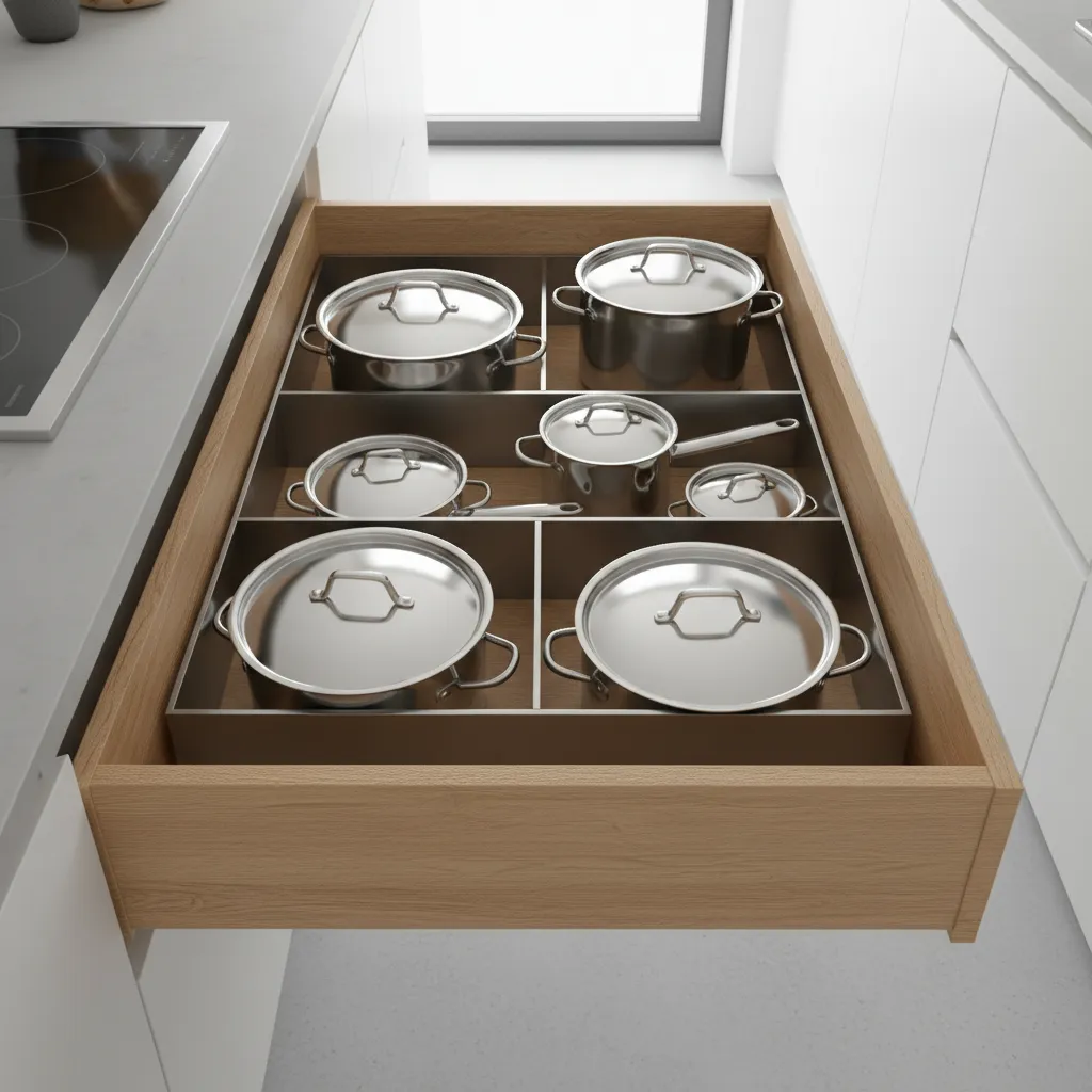 deep kitchen drawer storing pots and pans with dividers