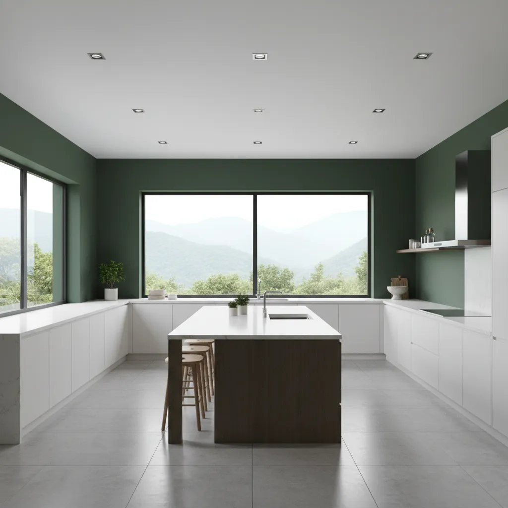 kitchen with deep forest green walls large windows and light countertops