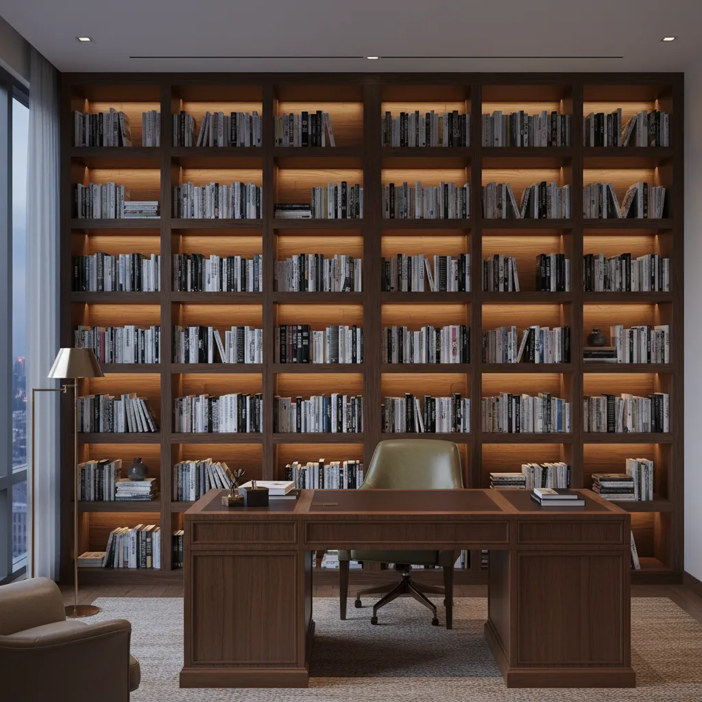 deep real bookshelf filled with books in home office