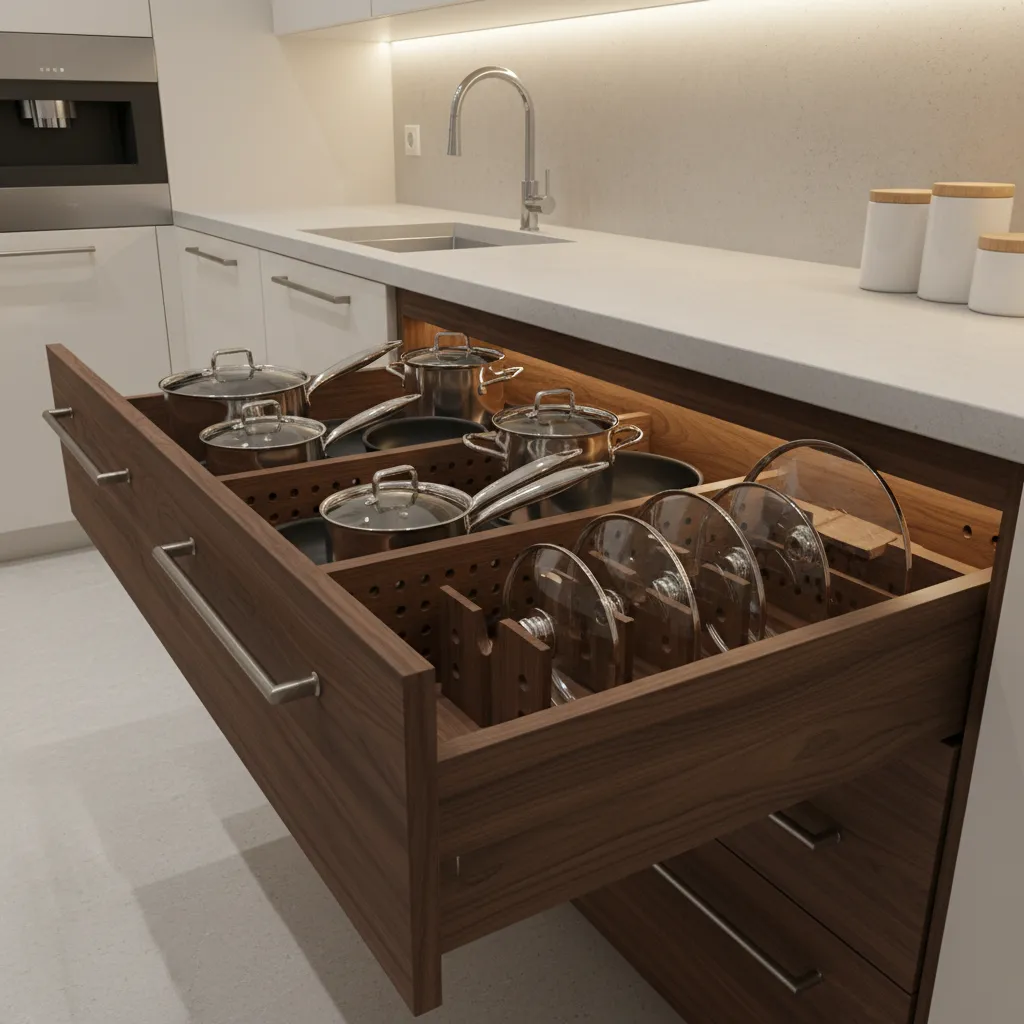 Deep wooden kitchen drawer with organized pots pans and glass lids under a white stone countertop