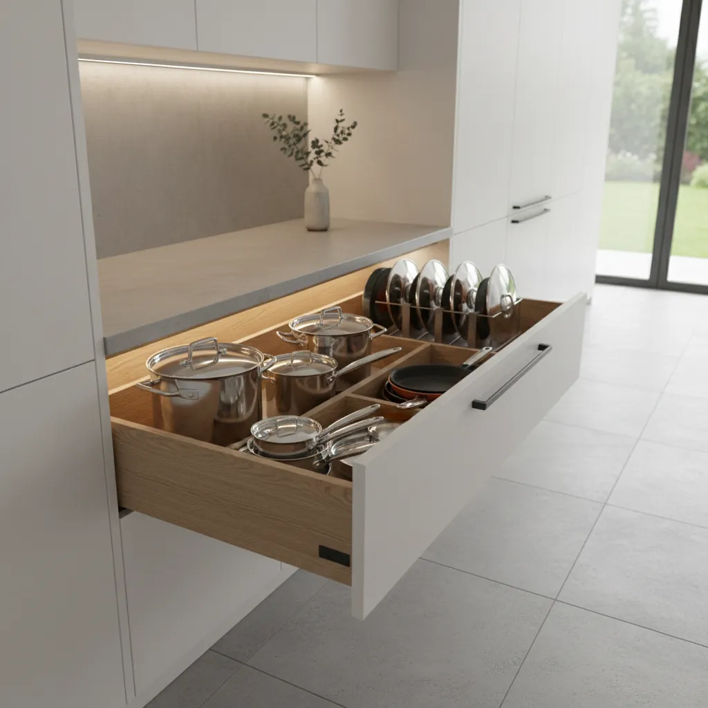 deep kitchen drawer storing stacked pots and pans with organizers
