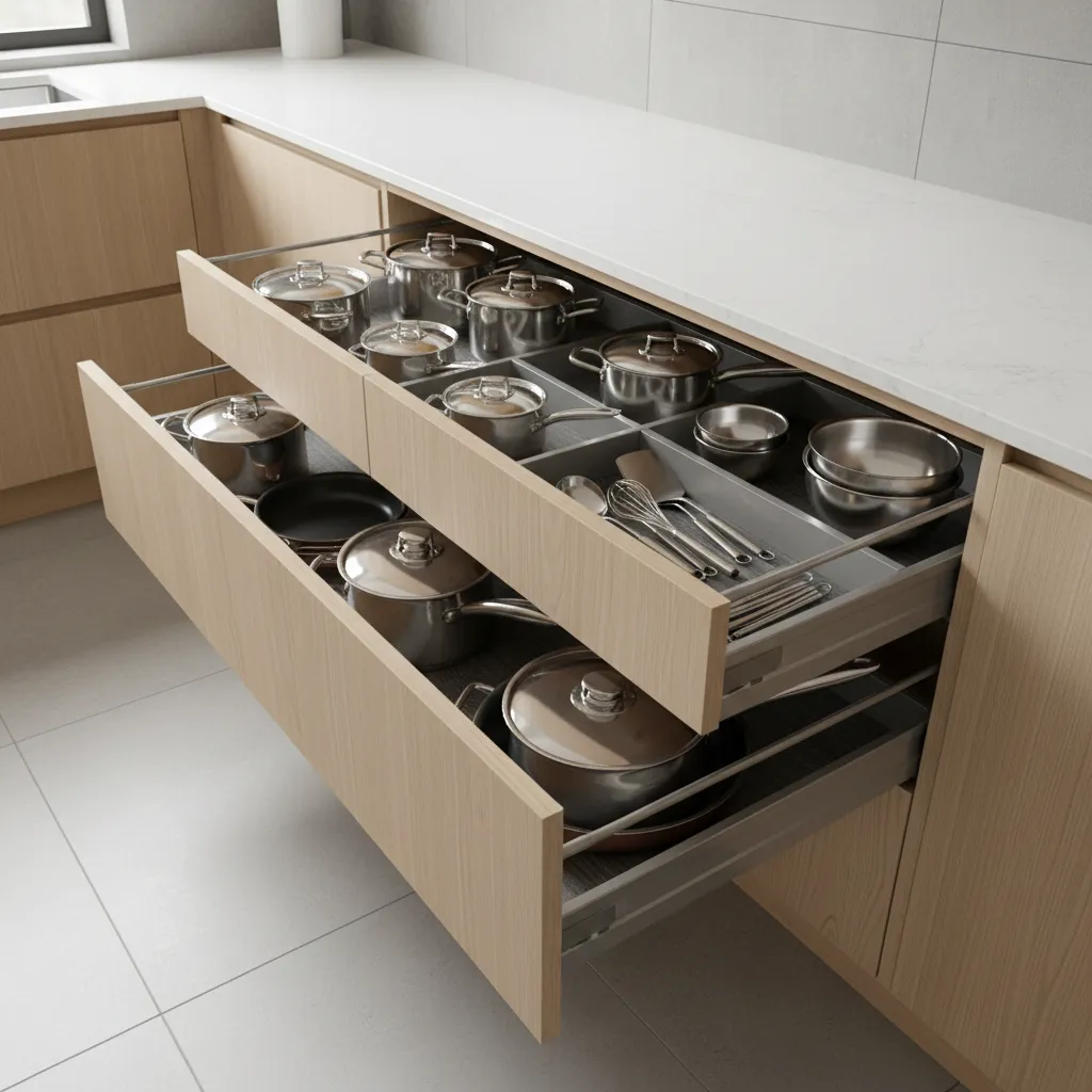 Modern wood kitchen cabinet drawers open to show organized stainless steel pots and cooking pans