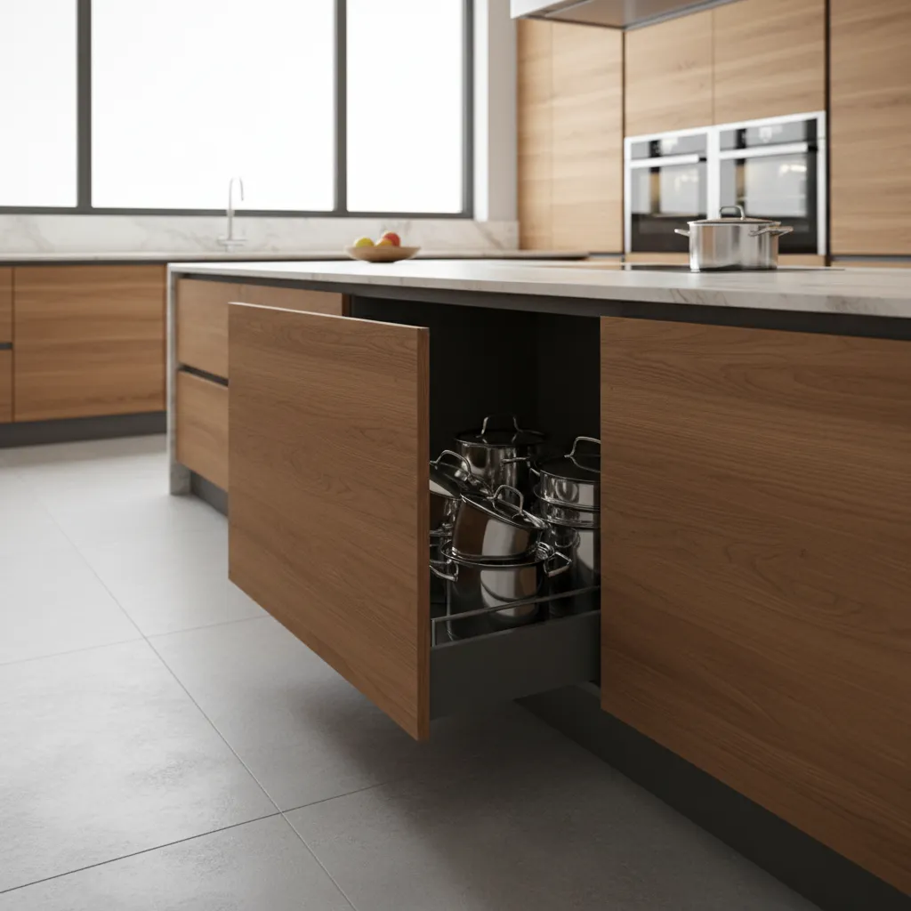 Deep kitchen island cabinet with hard to reach items stored in the back
