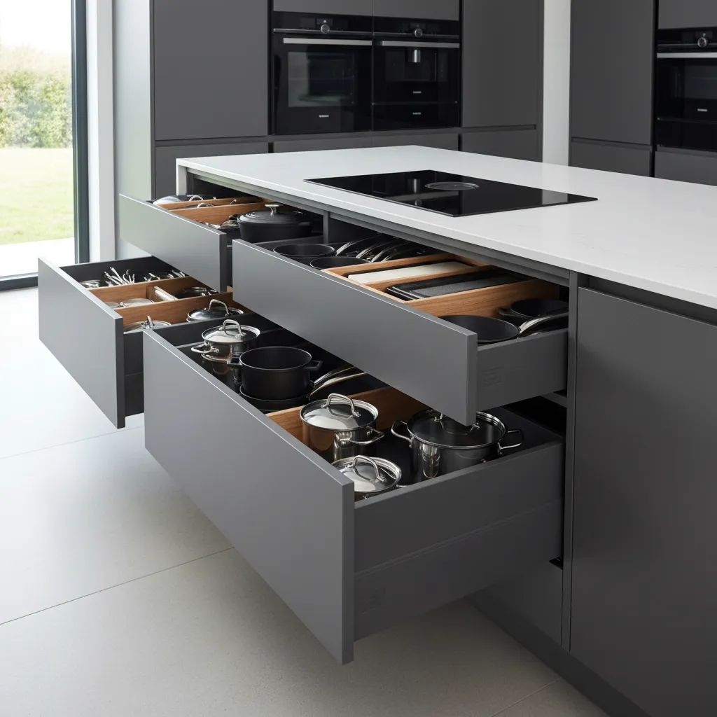 Cajones profundos de cocina con ollas y utensilios organizados