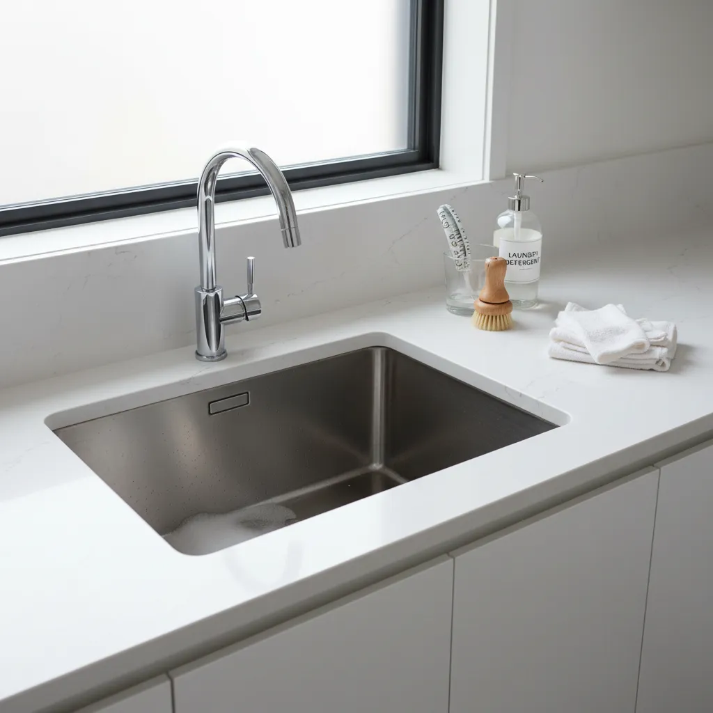 deep stainless steel laundry utility sink used for cleaning tasks