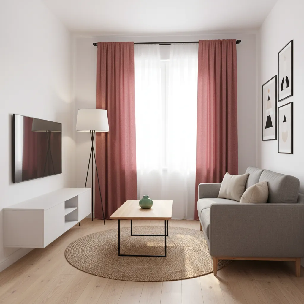 Small living room showing wine colored curtains improving brightness