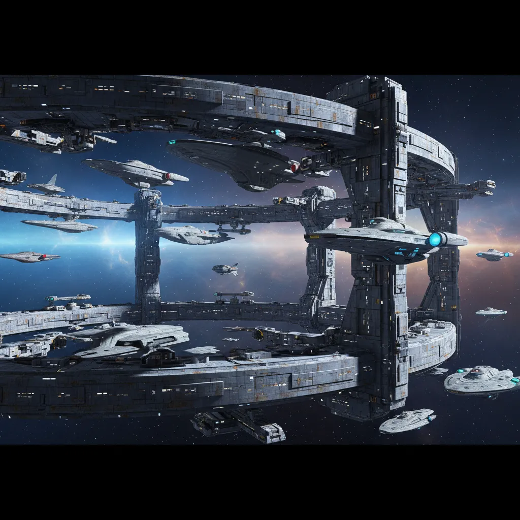 Close view of Deep Space Nine docking pylons connecting to the outer docking ring