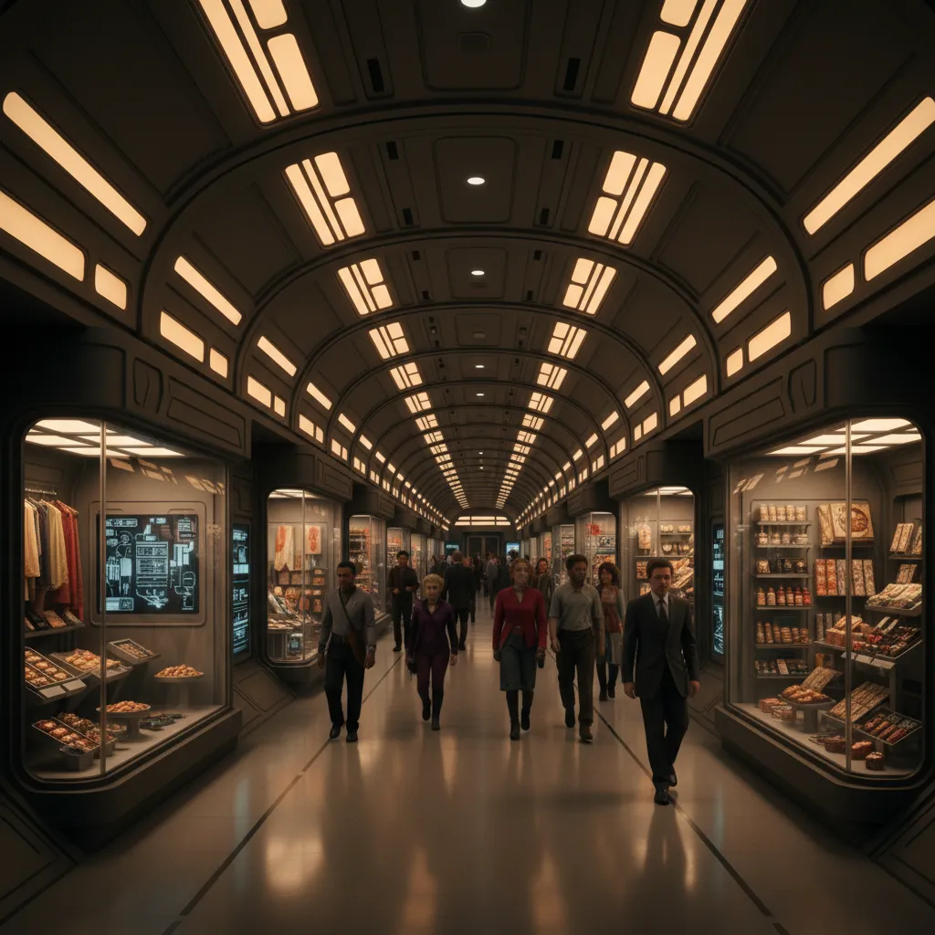 Interior of Deep Space Nine Promenade with curved corridor and shops