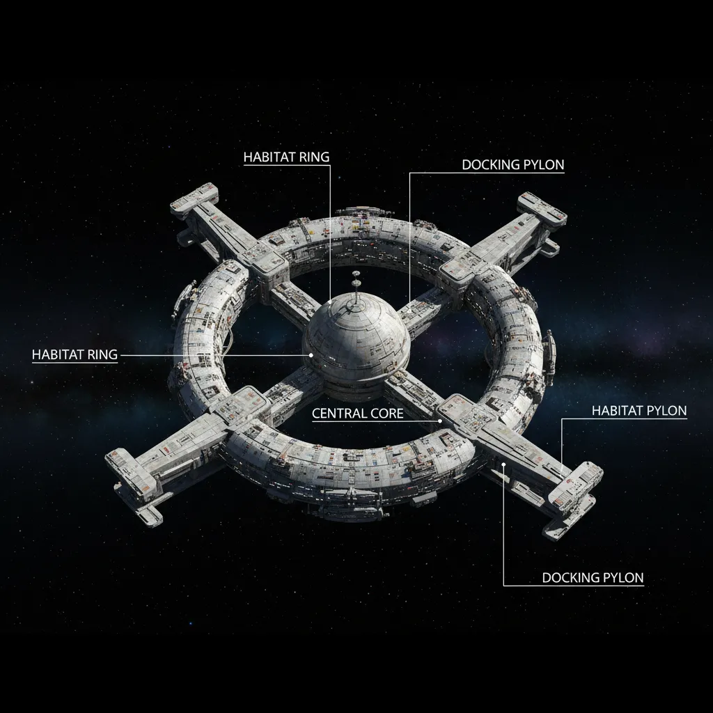 3D diagram showing Deep Space Nine core, habitat ring and docking ring layout