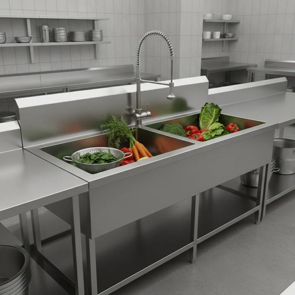 deep stainless steel commercial prep double sink used for washing vegetables