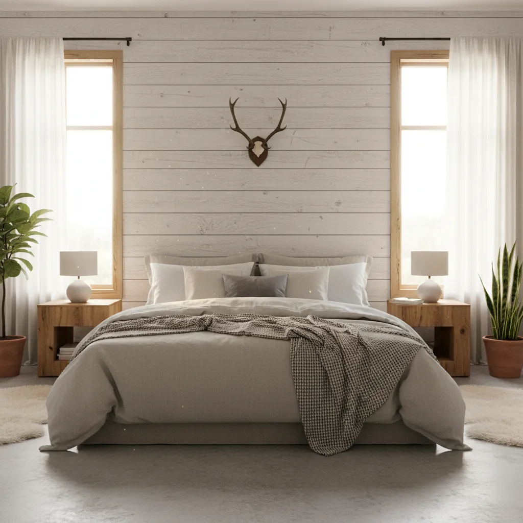 Small deer antlers used as wall decor in cozy rustic bedroom