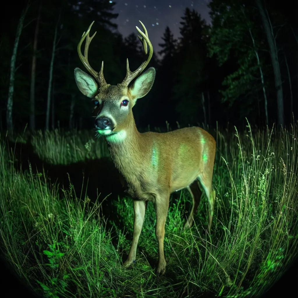 deer eyes reflecting green hunting light at night in open field