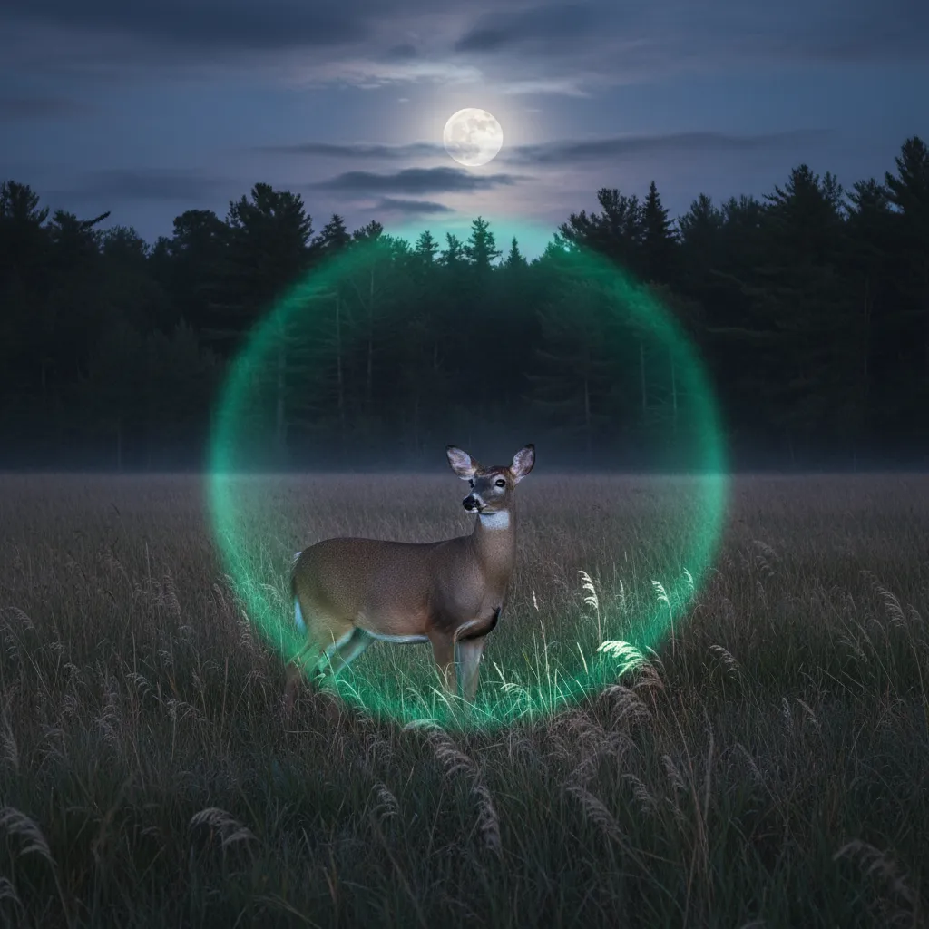 Deer in open field at night with faint green light illuminating grass