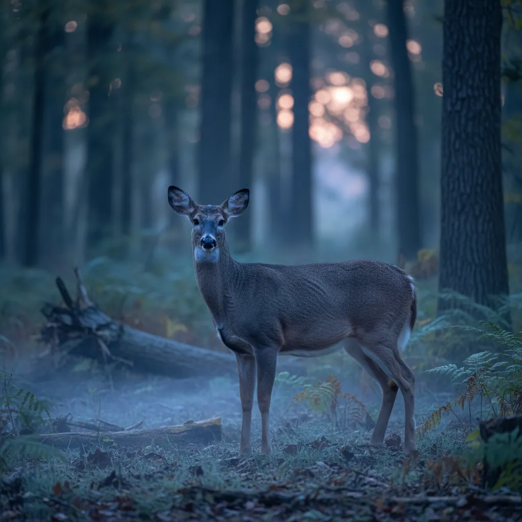 whitetail deer standing alert at dusk showing low light vision environment