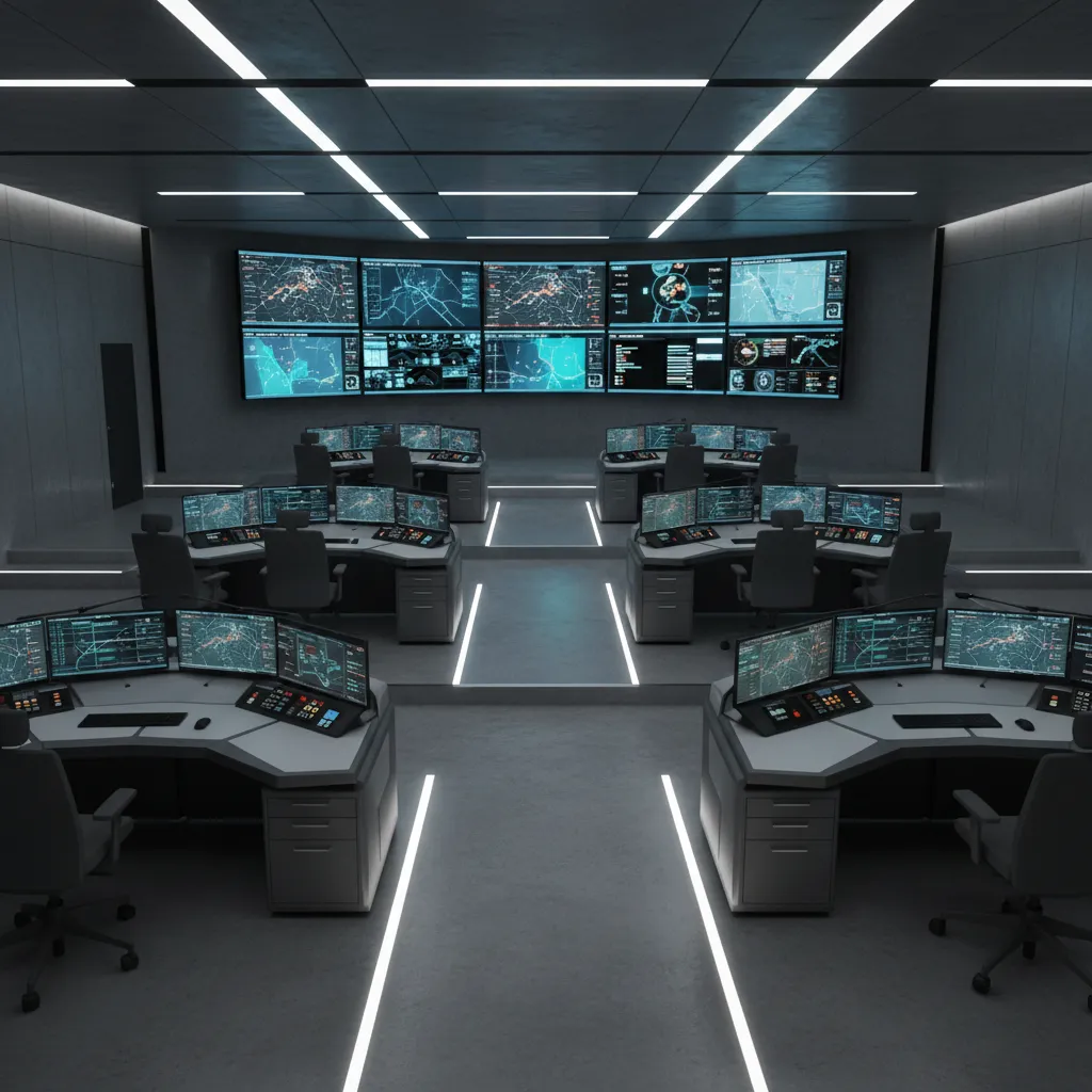 Workstation layout inside a defense command operations center