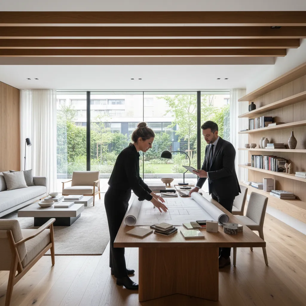 Two people reviewing floor plan drawing on wooden table in bright living room with bookshelves