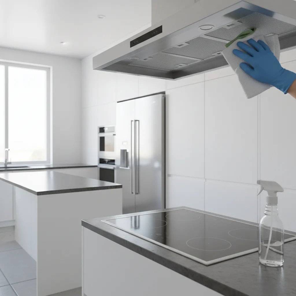 Applying degreaser to clean kitchen exhaust fan blades