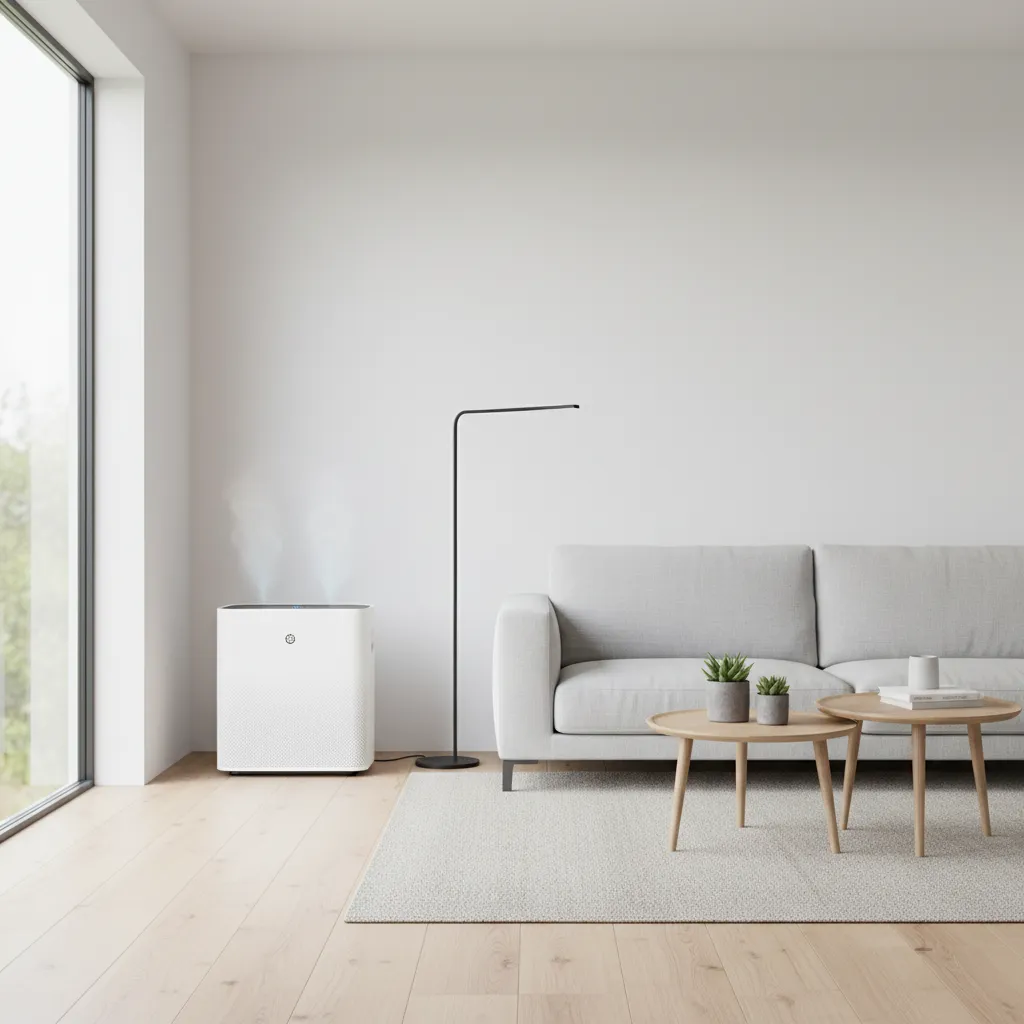 modern air purifier and dehumidifier operating in newly painted room