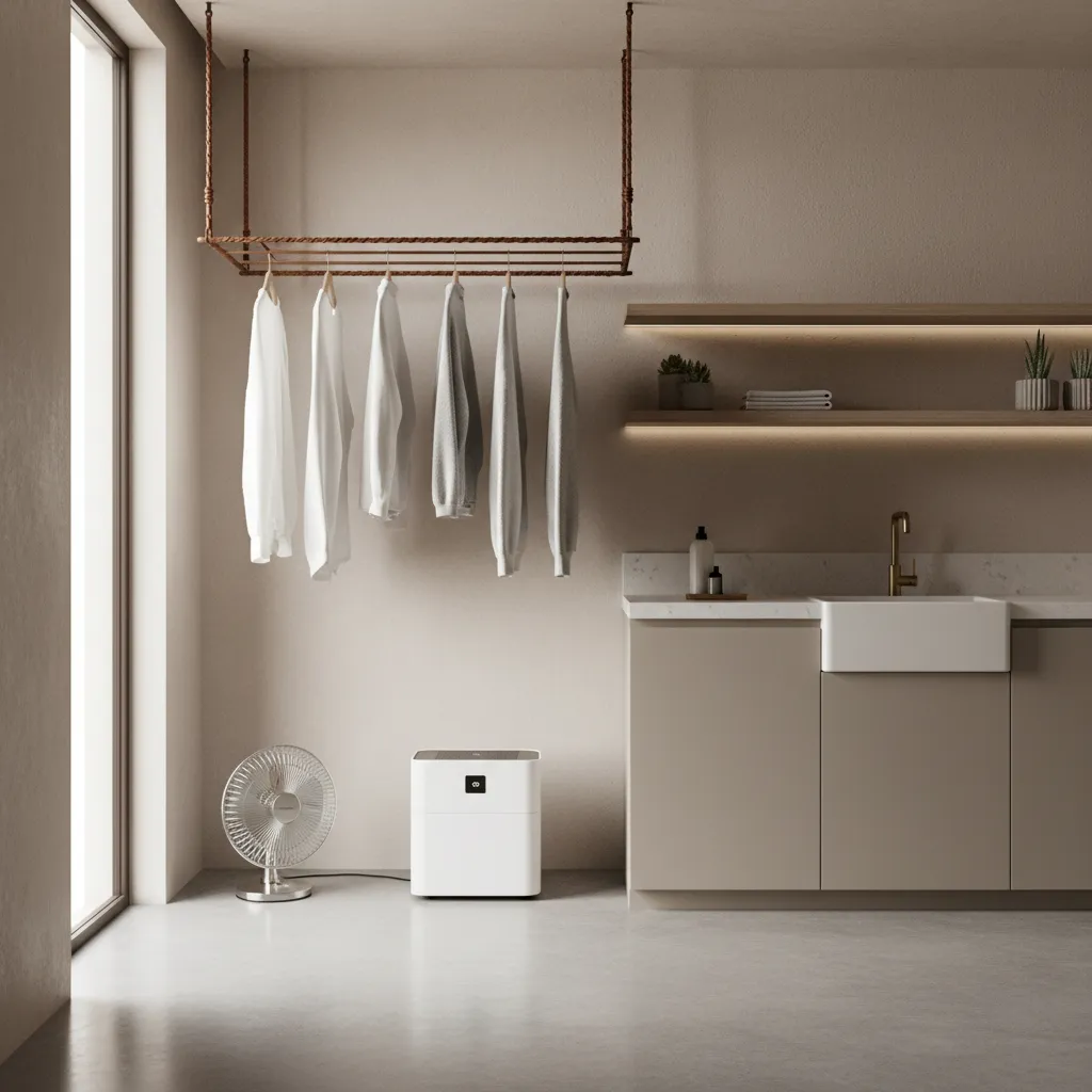 Indoor laundry drying setup with fan and dehumidifier controlling humidity