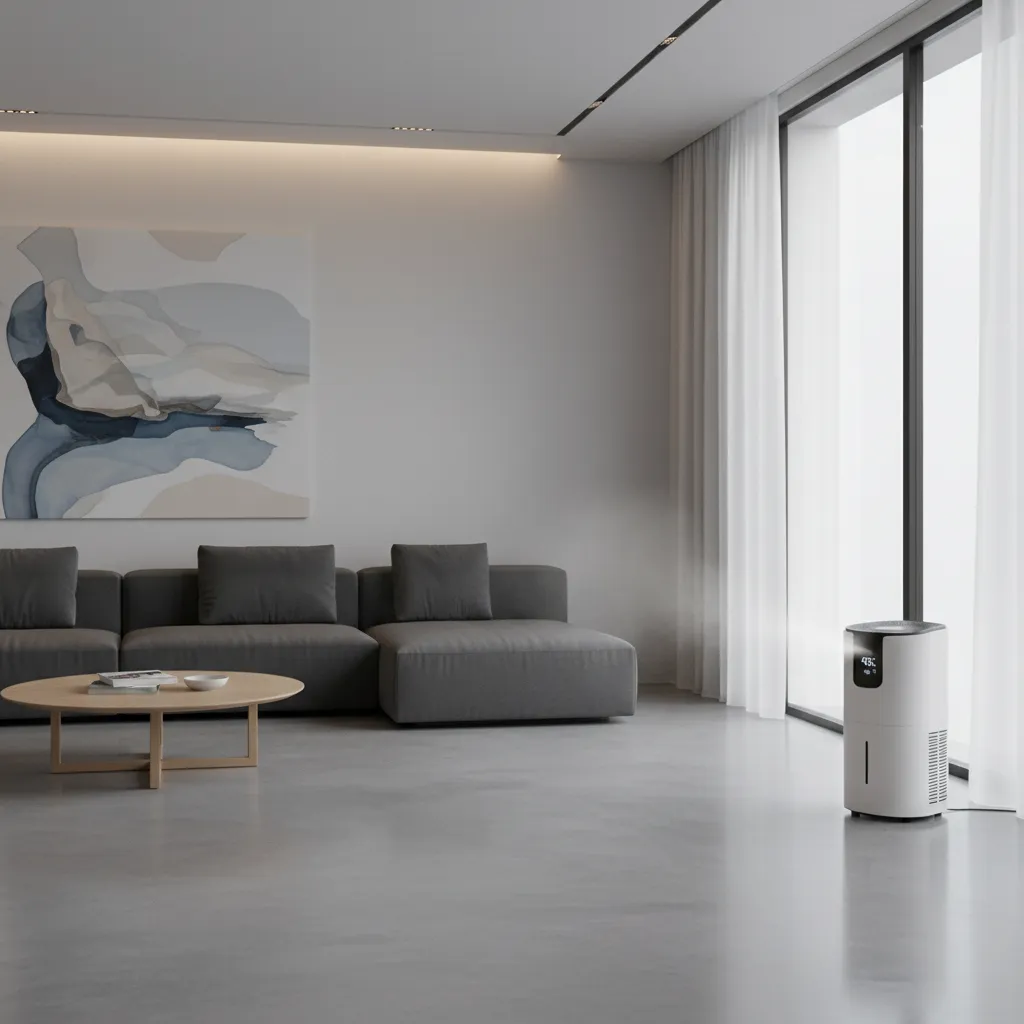 Dehumidifier running in room with painted floor to speed curing