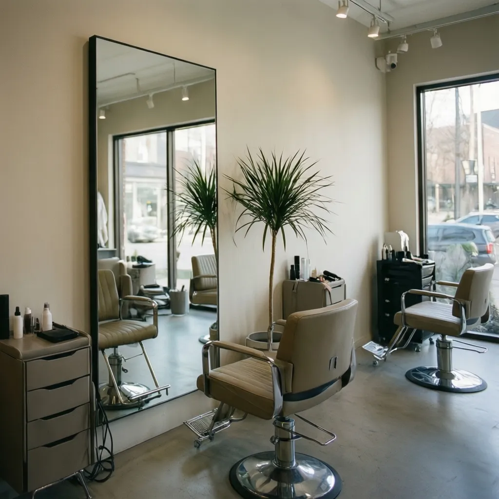 Interior salon kecil dengan dekorasi minimalis dan tanaman kecil